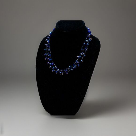 Boho Beaded Necklace Iridescent Purple Blue Glass Beads Layered Vintage Jewelry - Picture 7 of 7